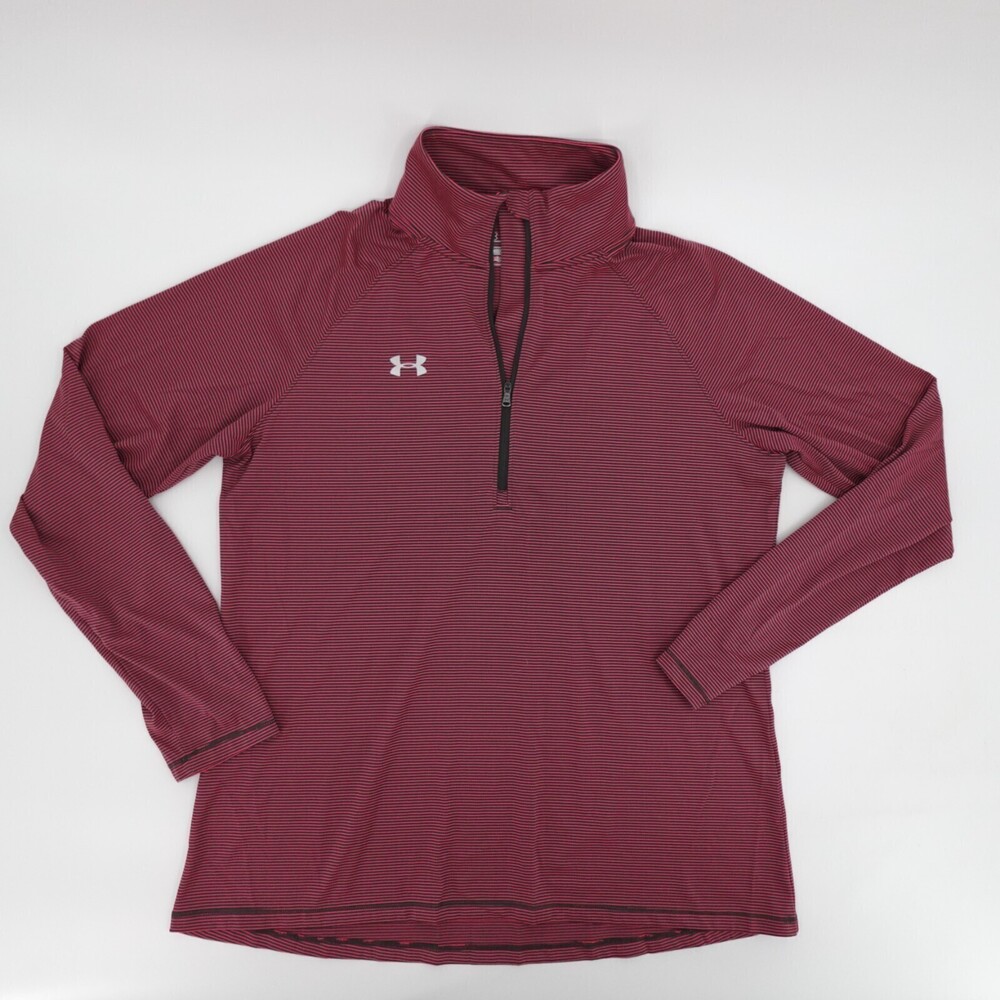 Under Armour Sweater Womens Large Red Black Stripe Loose Headgear 1/4 Zip
